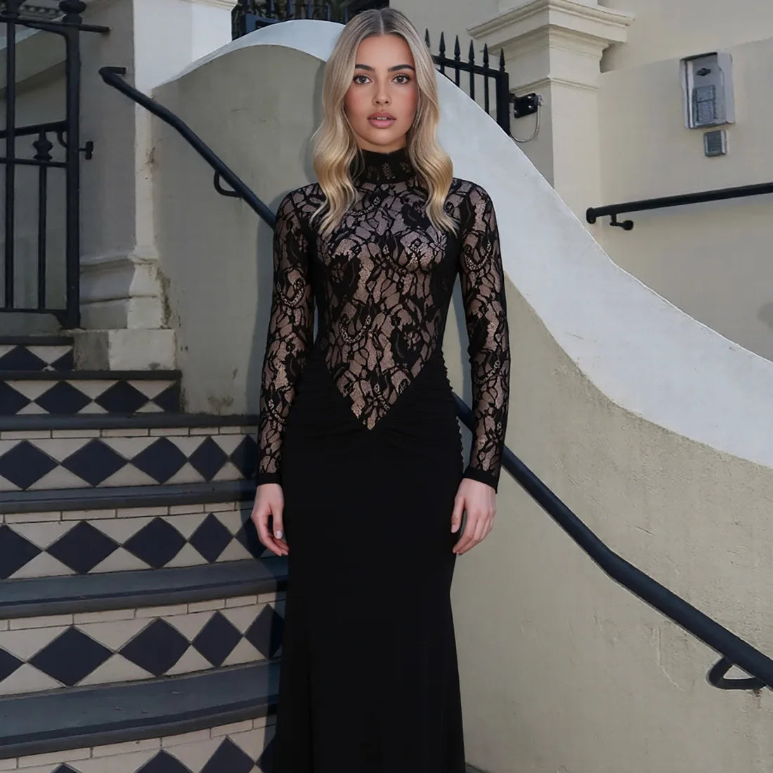 Black Lace Turtleneck Maxi Dress