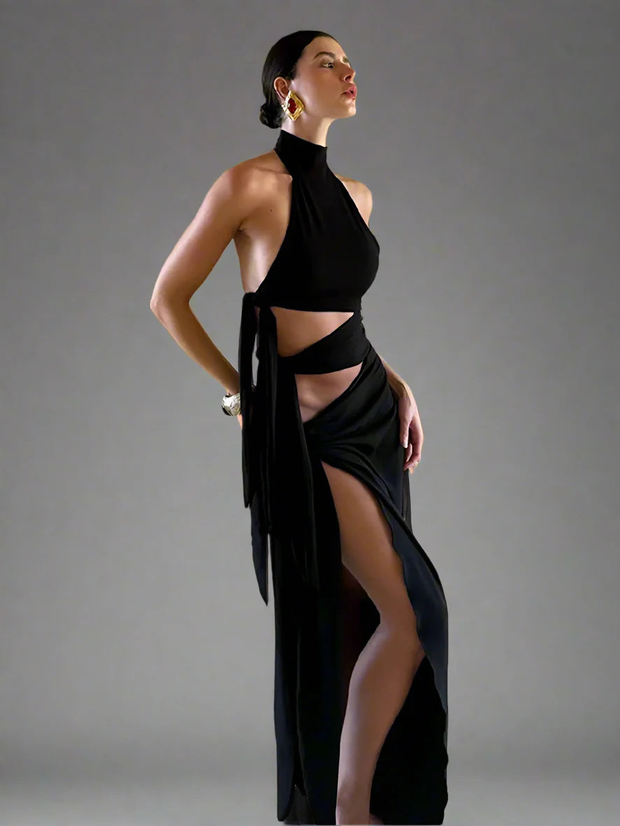 Black Hollow Out High Split Maxi Dress – Sleeveless Club Party Gown