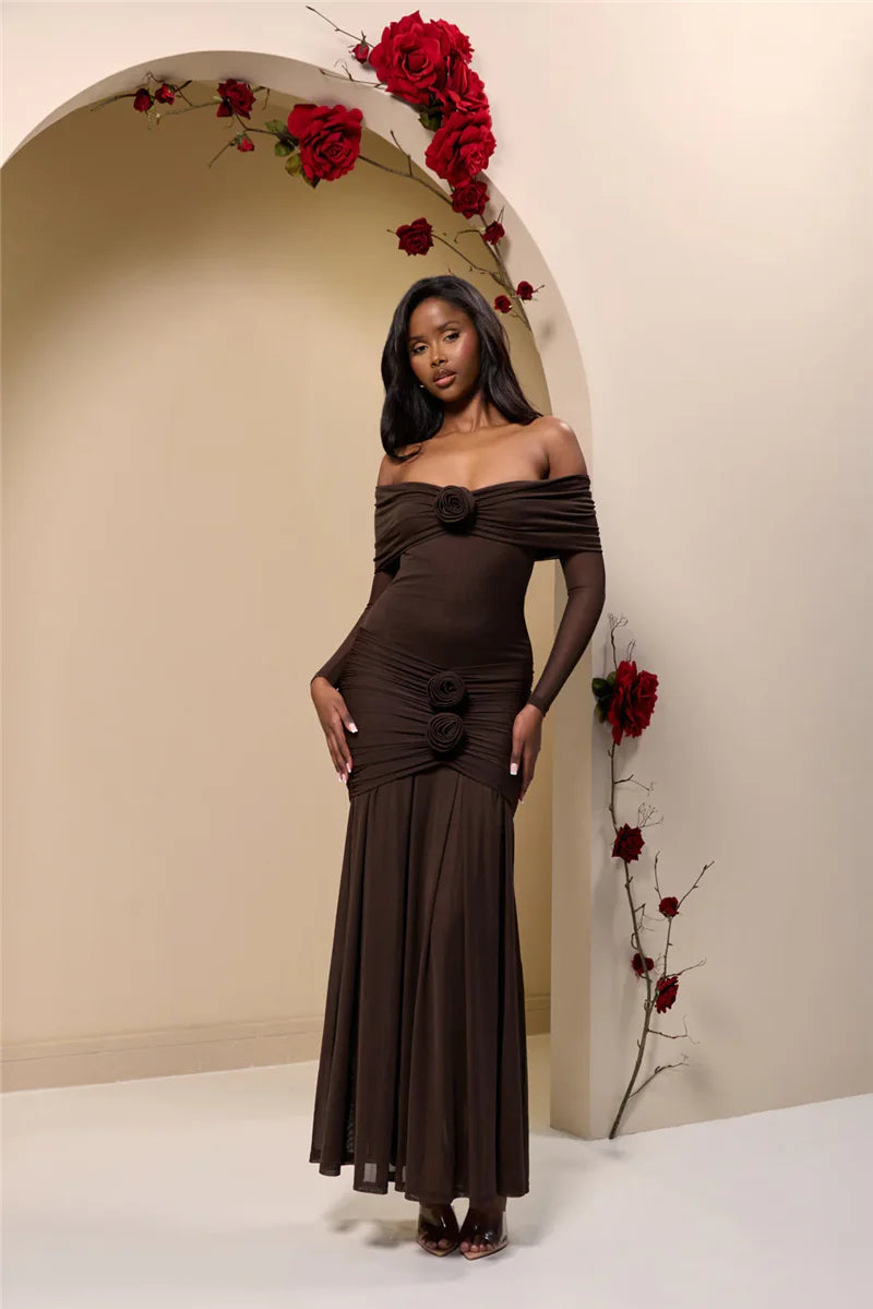 Off-Shoulder Rose Ruched Bodycon Maxi Dress