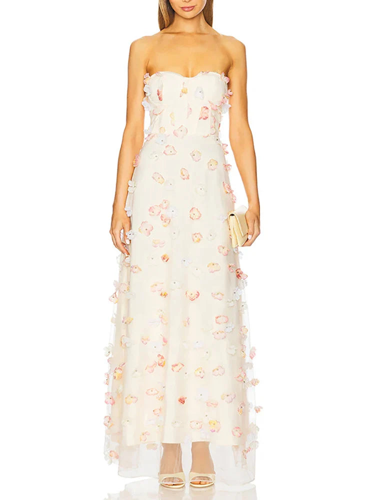 Beige Mesh Appliqué Strapless Gown – Floral Sleeveless Long Dress