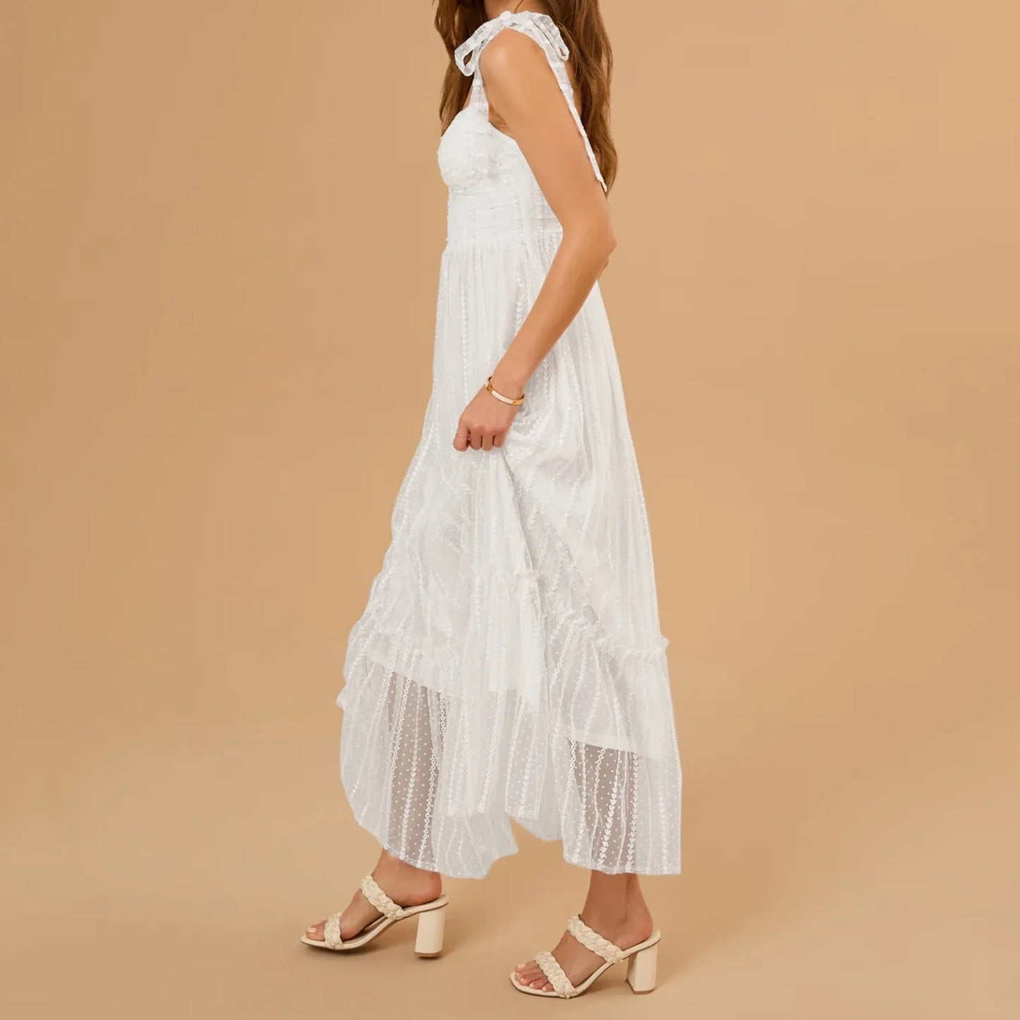 White Sleeveless Dress - Tie-Up Straps Dot Print Embroidery Tulle Party Dress