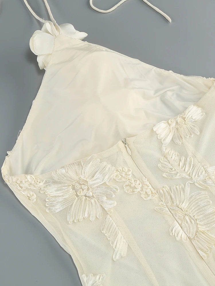 Red Halter Neck 3D Ribbon Flower Dress | Backless Floor Gown