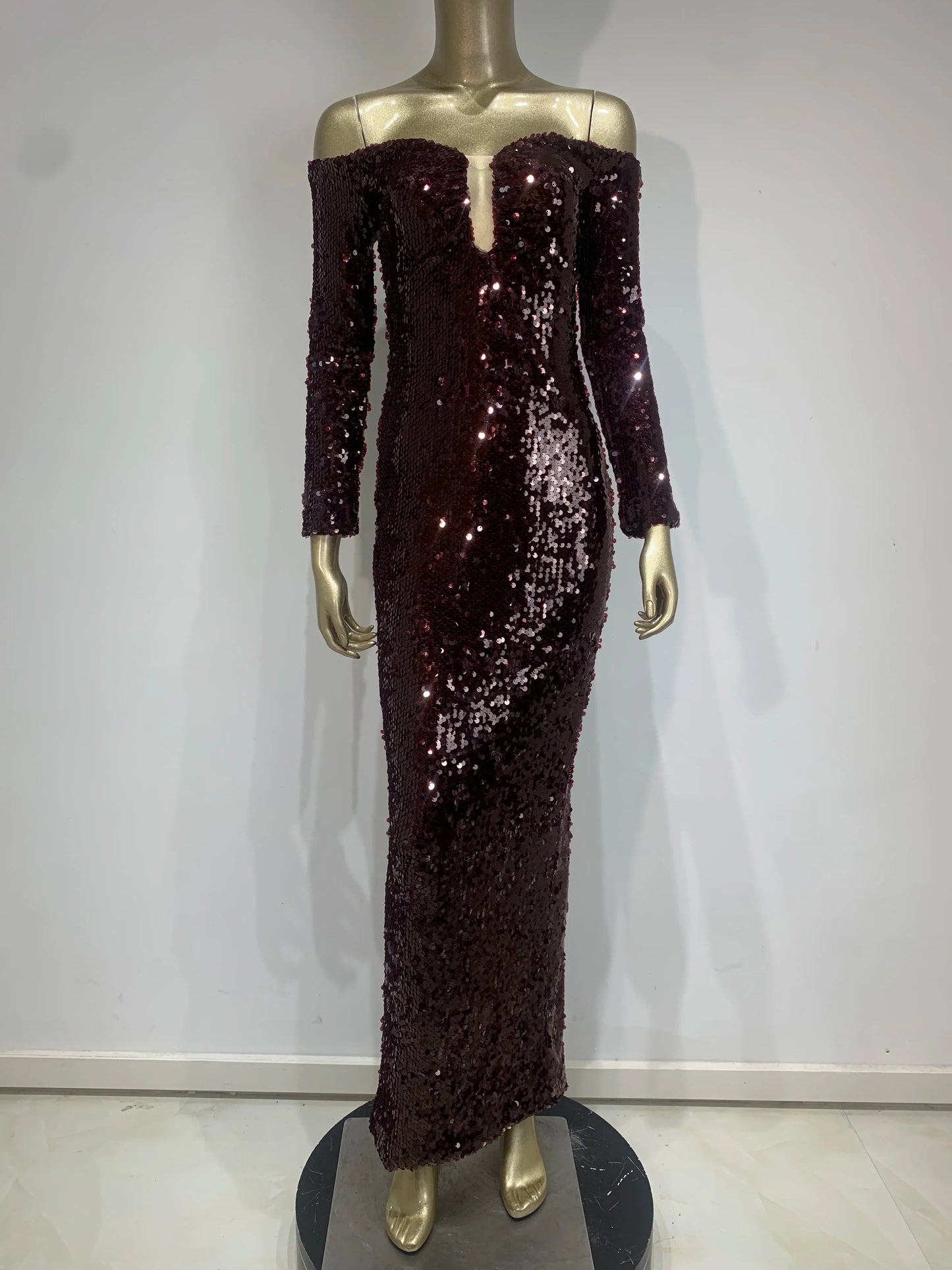 Burgundy Off Shoulder Mesh Sequin Maxi Gown
