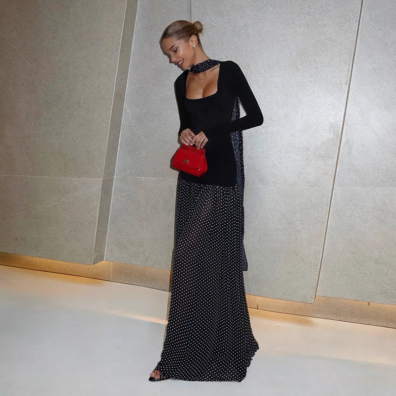Black Polka-Dot Patchwork Maxi Dress with Scarf Detail