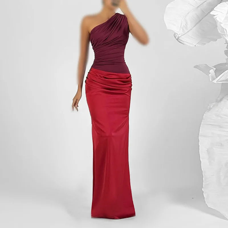Red One-Shoulder Satin Drape Maxi Dress