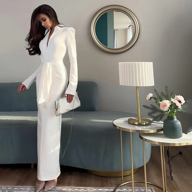 Long Sleeve Front Tie Up Maxi Dress