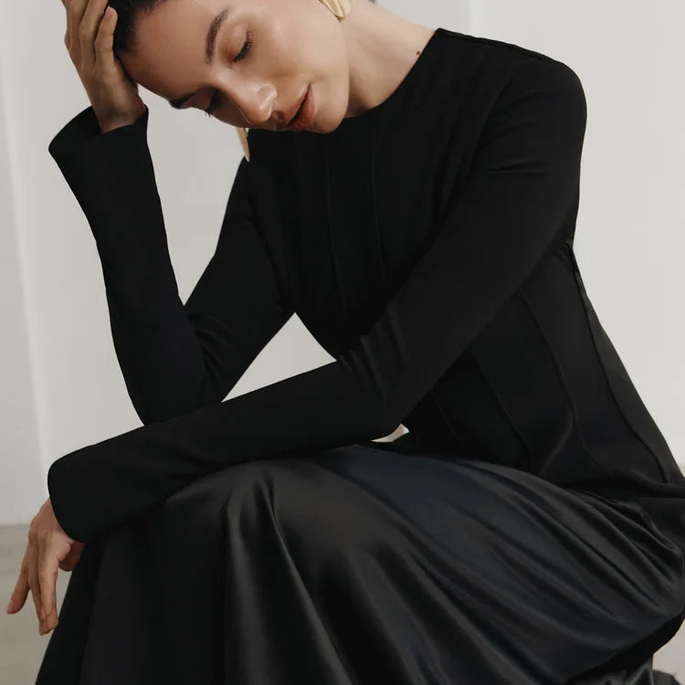 Black Long Sleeve Satin Patchwork Maxi Dress