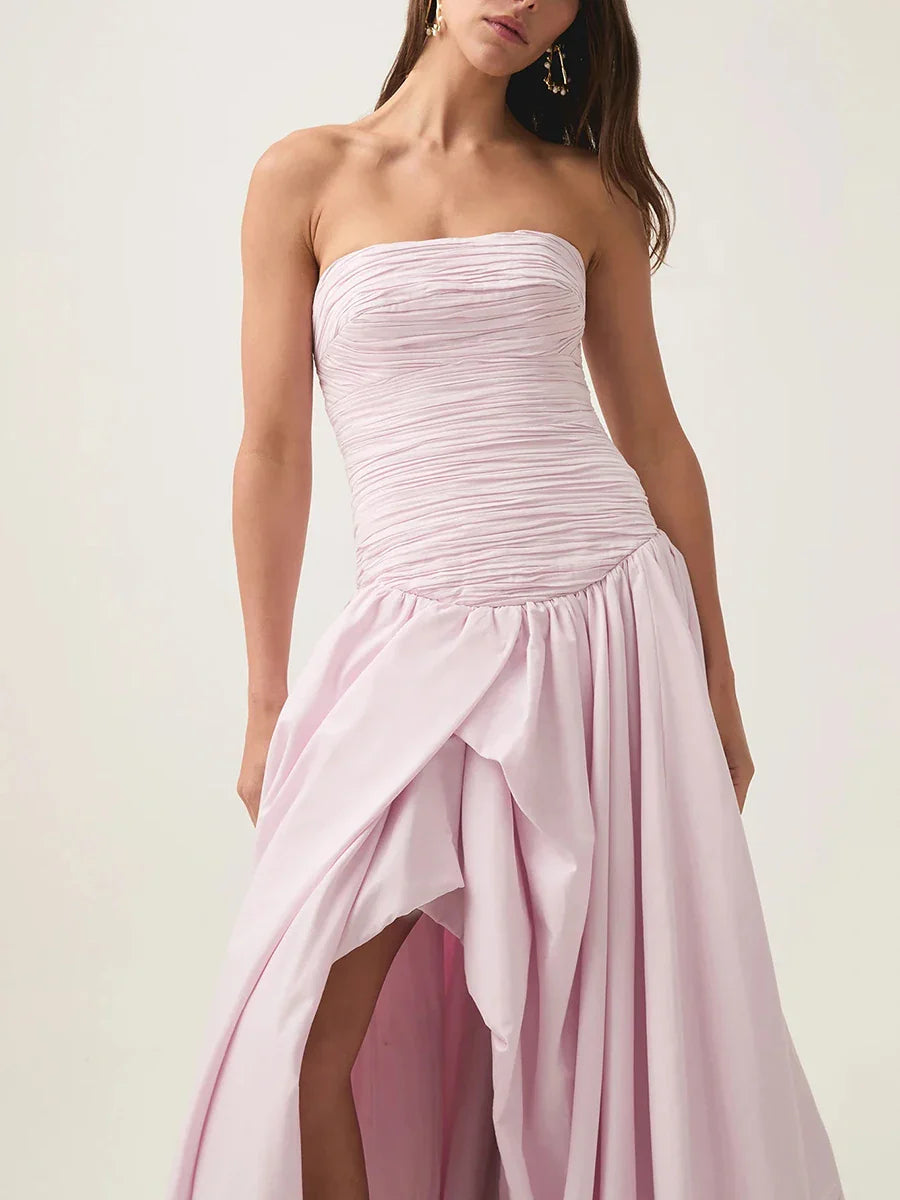 Strapless Puffs Dress – Ruched Bodice & High-Slit Elegance