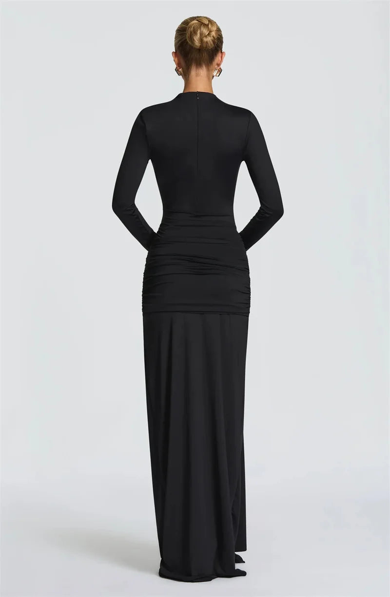 Draped Cut-Out Long Sleeve Evening Maxi Dress