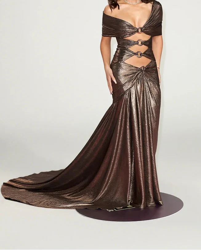 Brown Sequin Ring Cut Out Short Sleeve Drape Maxi Dress