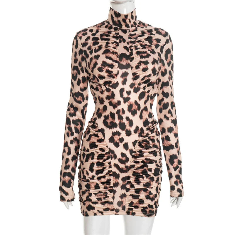 Leopard Print Ruched Mini Dress | Backless Turtleneck Trend