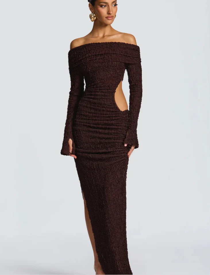 Off Shoulder Long Sleeve Textured Slit Maxi Dress