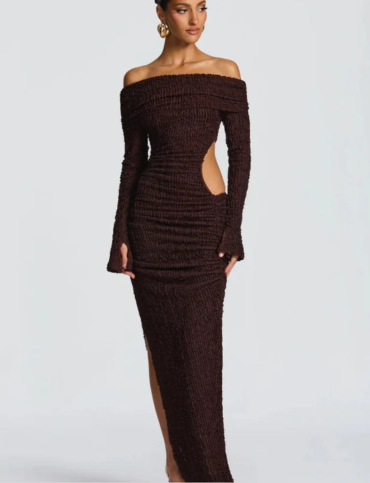 Off Shoulder Long Sleeve Textured Slit Maxi Dress