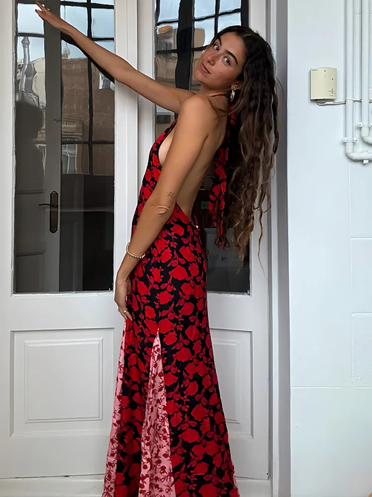 Red & Black Deep V Floral Halter Maxi Dress – Backless Party Gown