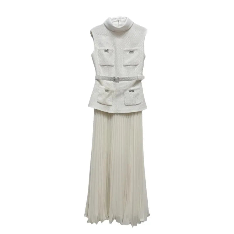 White Bow Pocket Tweed Chiffon Long Dress