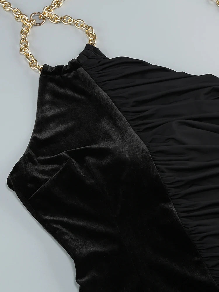 Black Chain Halter Velvet Dress with Pleated Fold Detail