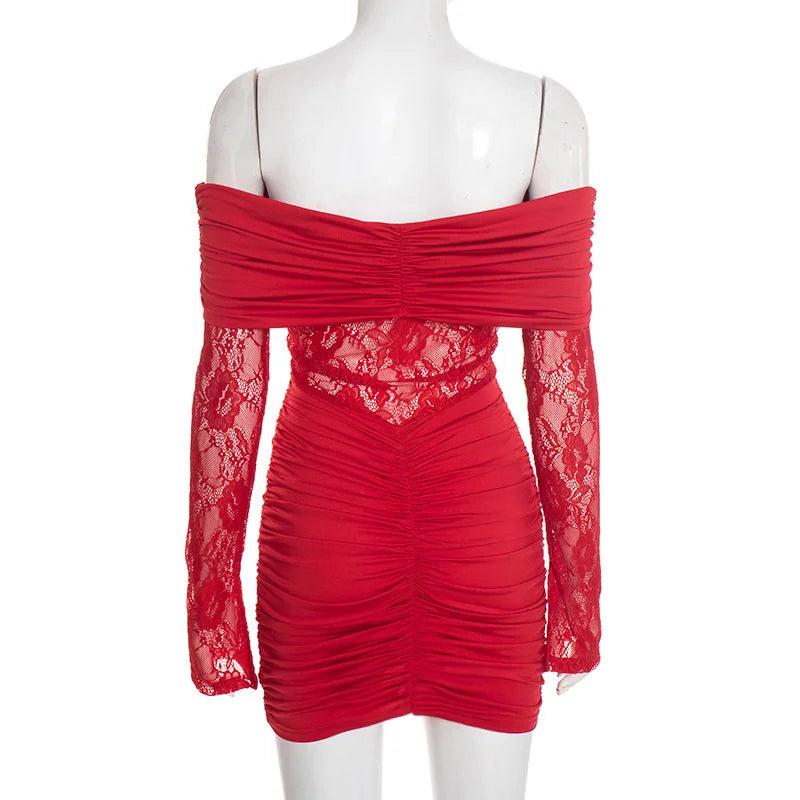 Off-Shoulder Lace Illusion Ruched Mini Dress