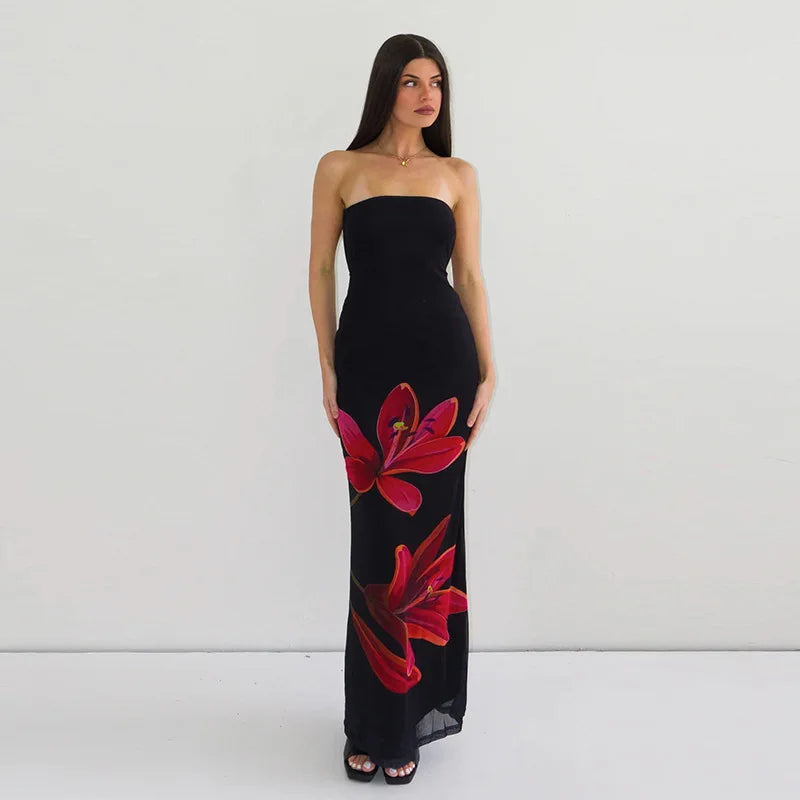 Black strapless gown with red floral designs