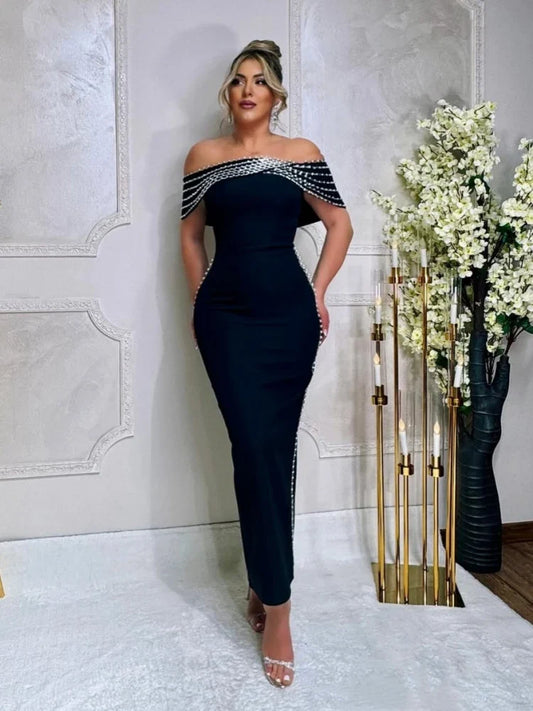 Black Crystal Beaded Off-Shoulder Bodycon Midi Dress – Elegant Sheath Gown