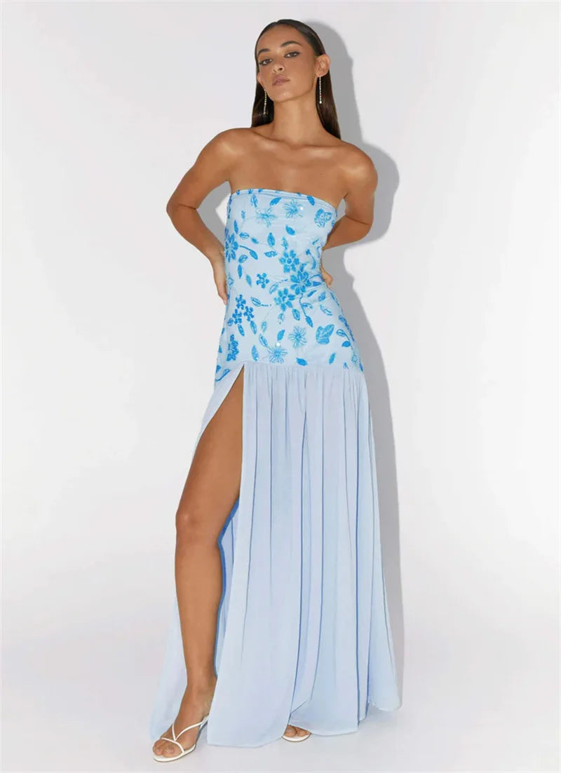 Off-Shoulder Split Print Maxi Dress