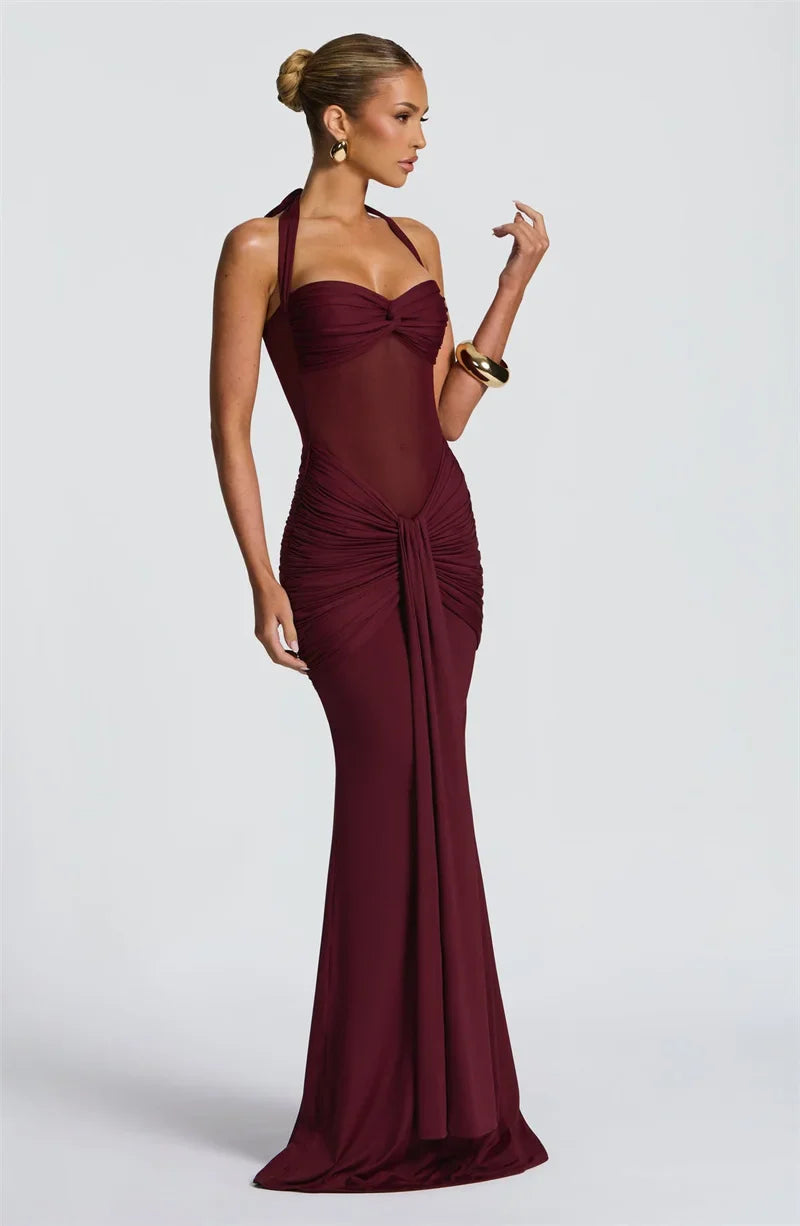 Halter Maxi Dress | Ruched Backless Club Gown