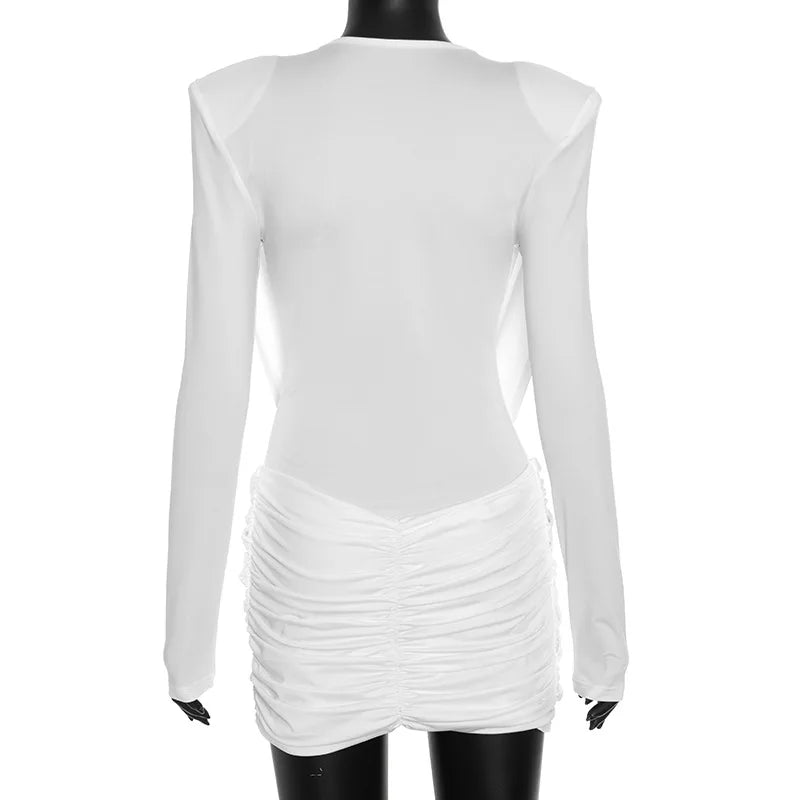 Long Sleeve Ruched Folds Criss Cross Mini Dress