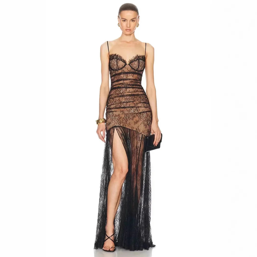 Black Lace Mesh Bodycon Gown with Sheer Overlay