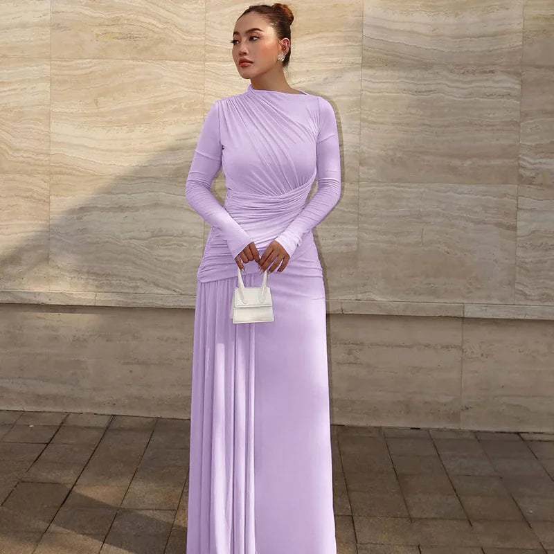 Irregular Pleated Long Sleeve Maxi Dress – O-Neck Floor-Length Silhouette