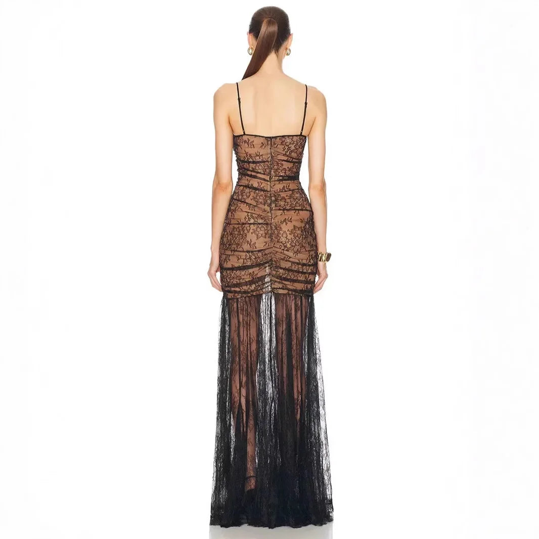 Black Lace Mesh Bodycon Gown with Sheer Overlay