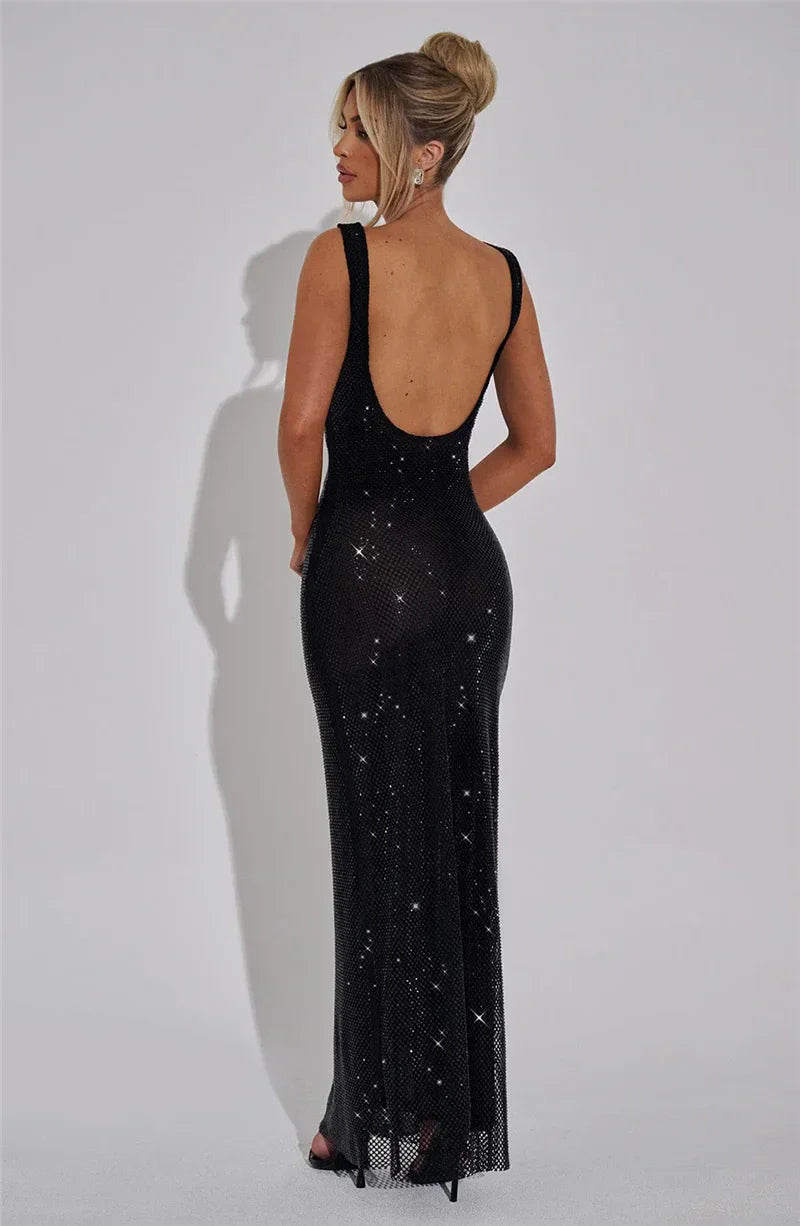 Sparkle Sequin Backless Maxi Dress – Sleeveless Club Gown with Square Neck