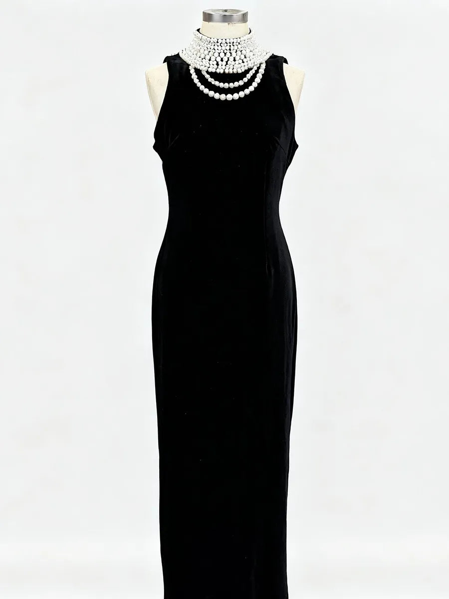 Black Velvet Maxi Dress with Draped Pearl Chain Back