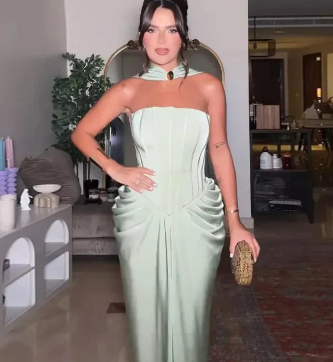 Elegant Strapless Green Evening Dress – Slim Fit Floor-Length Gown for Spring/Summer