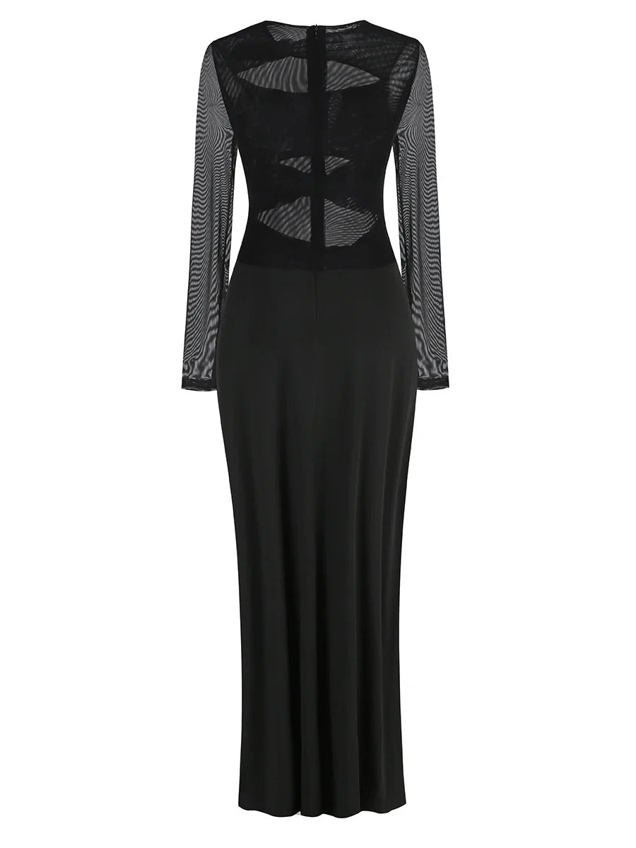 Cut-Out Black Long Sleeve High-Slit Gown