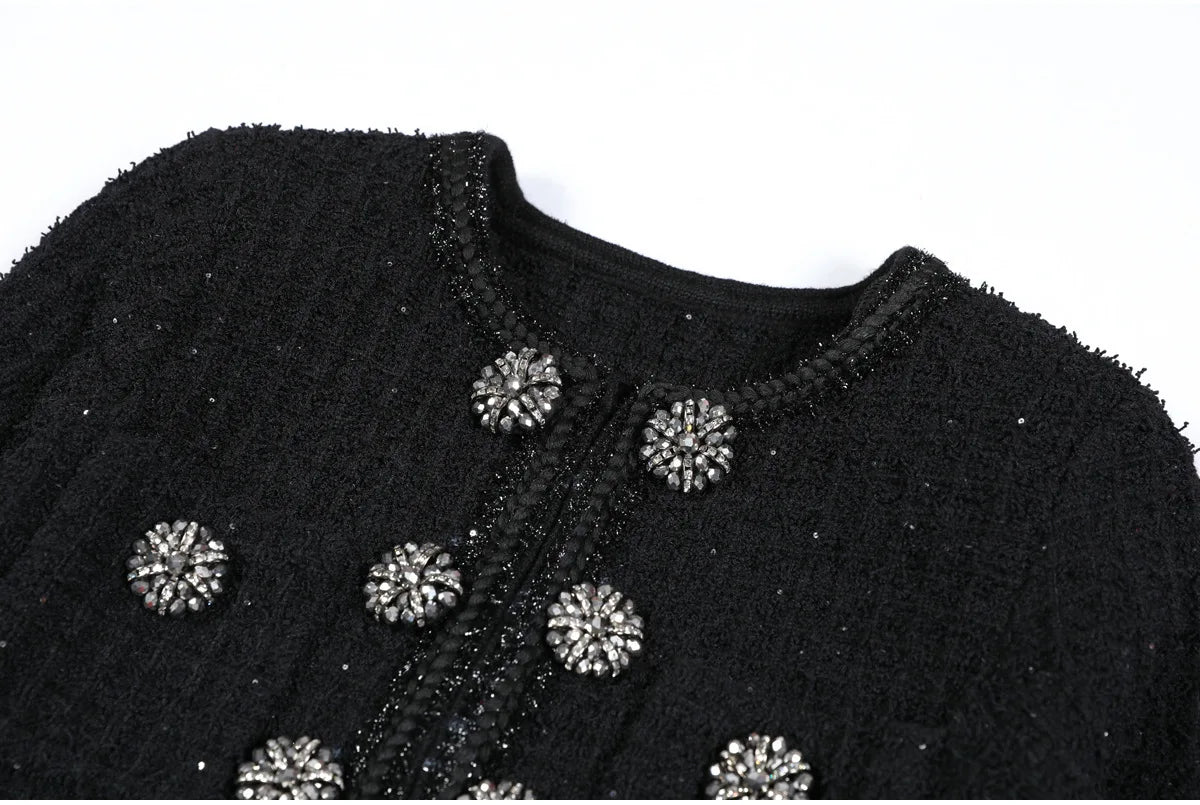 Knit Crystal Beaded Formal Sweater Dress – Double-Breasted Mid-Calf Dress