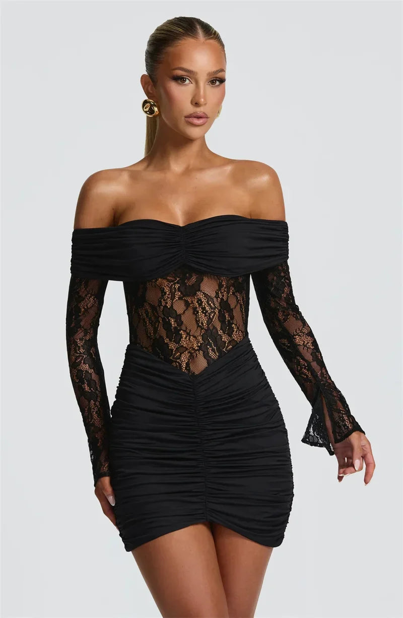 Off-Shoulder Lace Illusion Ruched Mini Dress