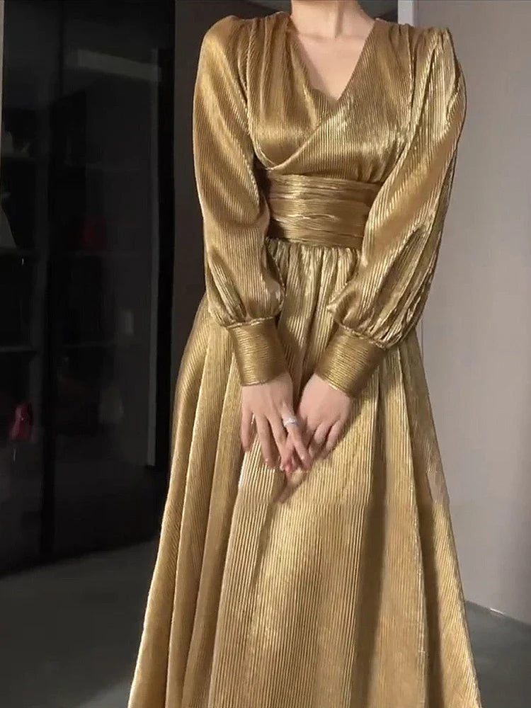 Gold Lantern Sleeve V-Neck Split Long Dress