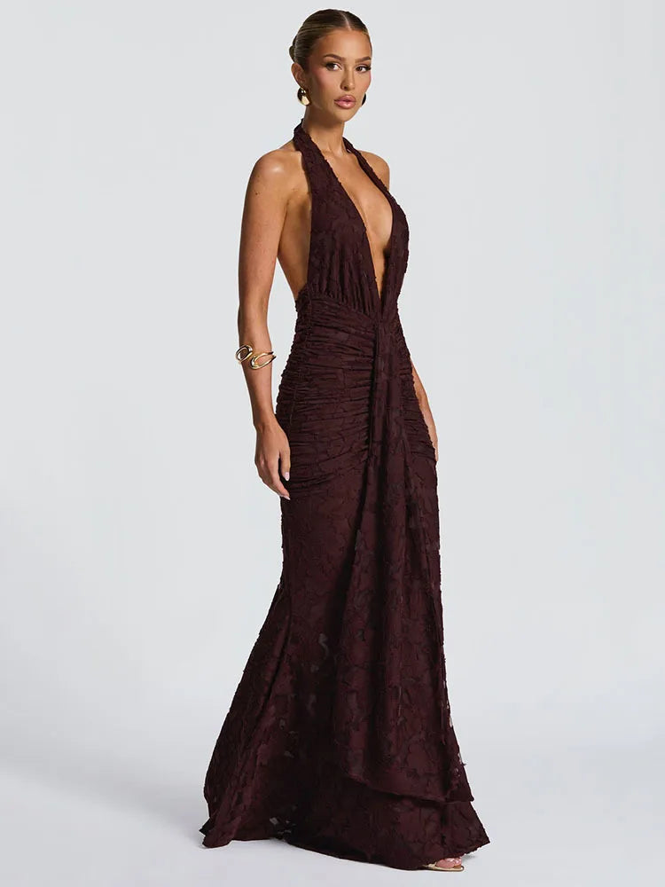 Red Plunge Halter Evening Gown, Draped Maxi