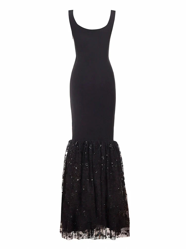 Black Sequin Mesh Patchwork Dress | Spaghetti Strap Maxi Gown