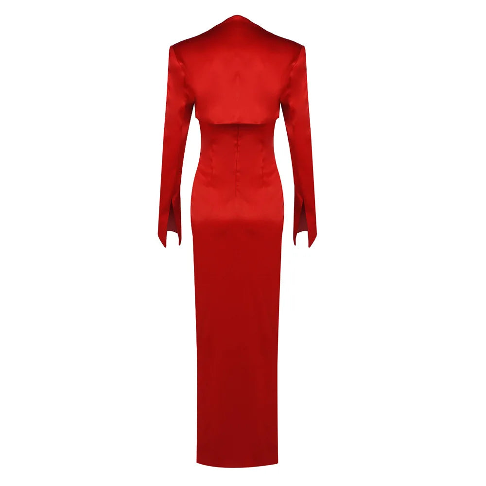 Red Satin 3d Flower Slit Maxi Dress With Crop Jacket