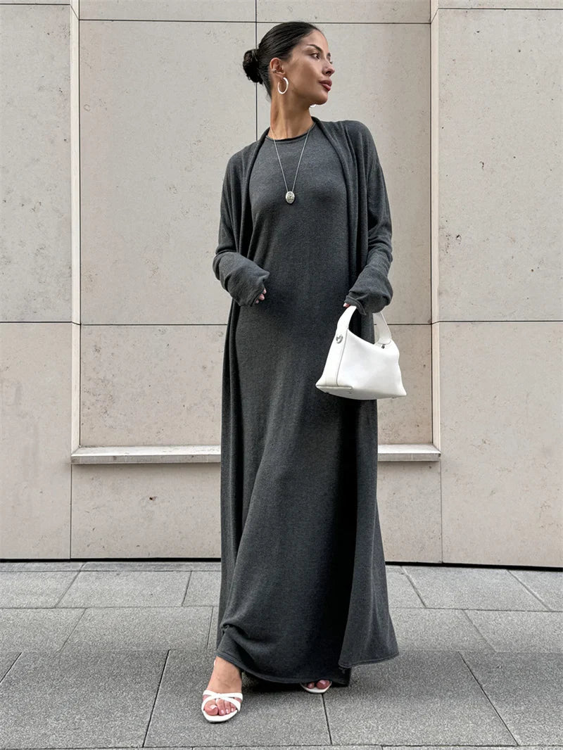 Pink Knit Maxi Dress & Cardigan Co-Ord Set – Elegant 2-Piece Winter Look