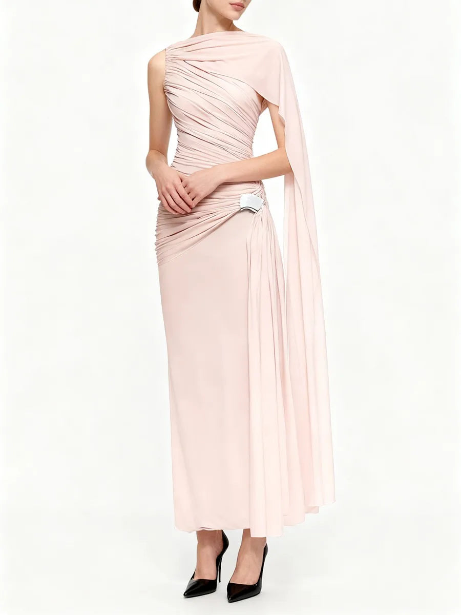 Pleated One-Shoulder Cape Maxi Dress with Round Neck