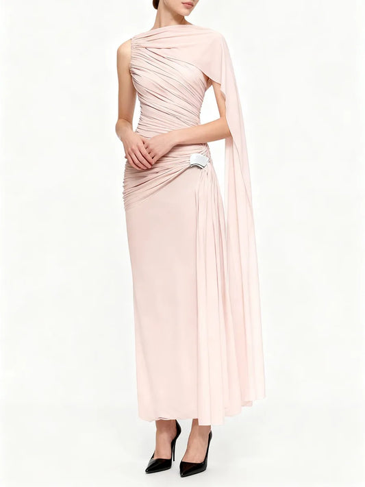 Pleated One-Shoulder Cape Maxi Dress with Round Neck