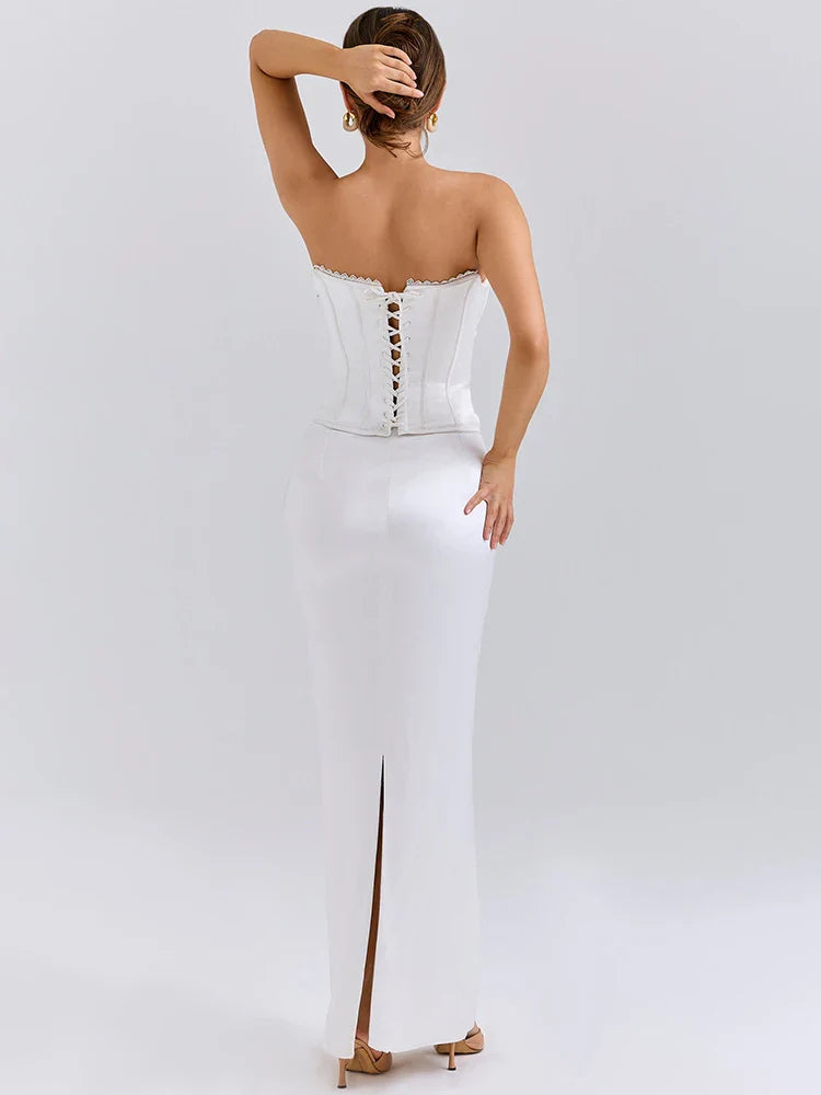 White Satin Off-Shoulder Gown | Backless Party Look