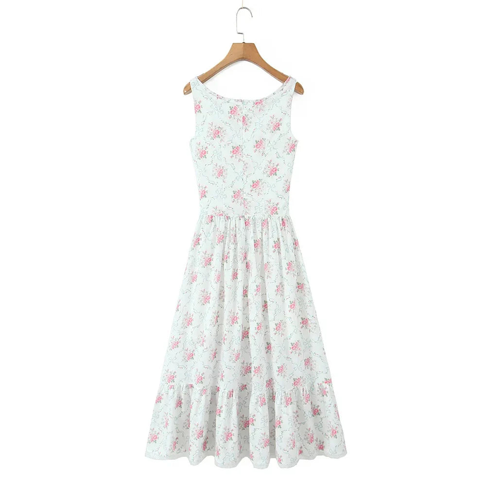 White Print Spliced Maxi Dress - Lace Up Slimming A-Line