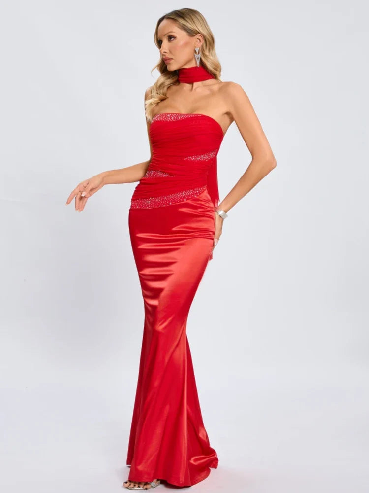 Red Satin Strapless Patchwork Gown with Draped Scarf Detail
