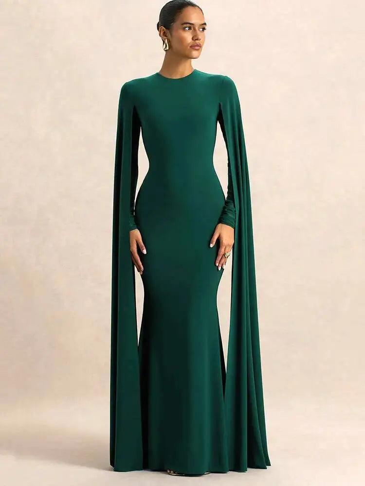 Green Long Sleeve Ribbons Maxi Dress