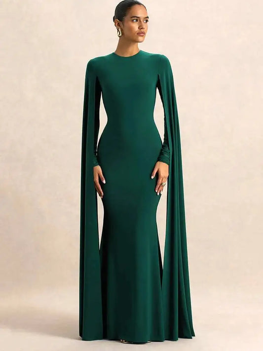 Green Long Sleeve Ribbons Maxi Dress