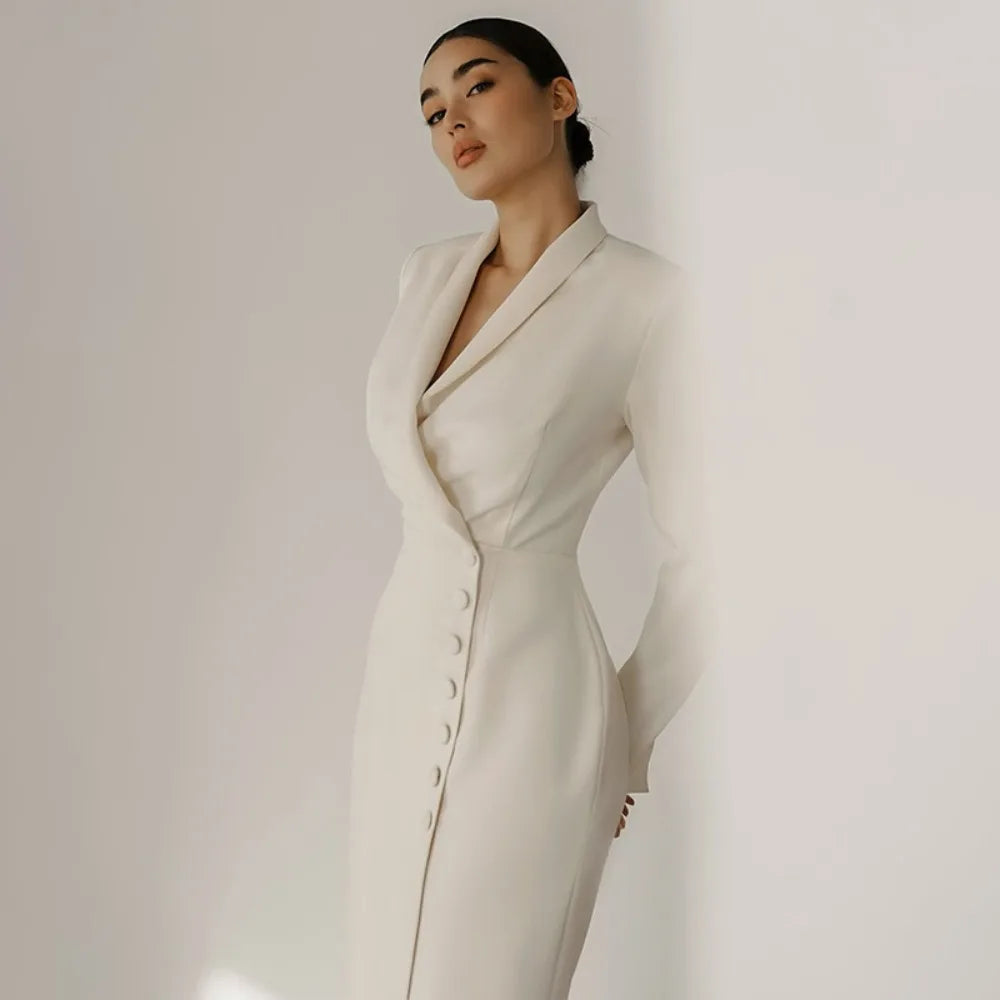 White Notched Collar Maxi Coat Dress | Minimal Tailored Elegance