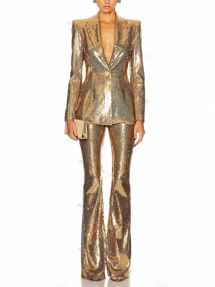 Gold Sequin Blazer & Pants Two-Piece Set - Chic & Sparkling Outfit