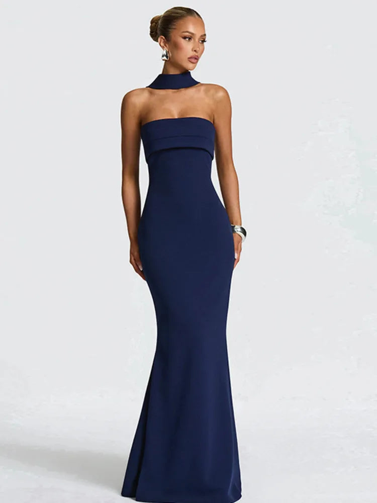 Strapless Maxi Dress with Sculpted Scarf Collar
